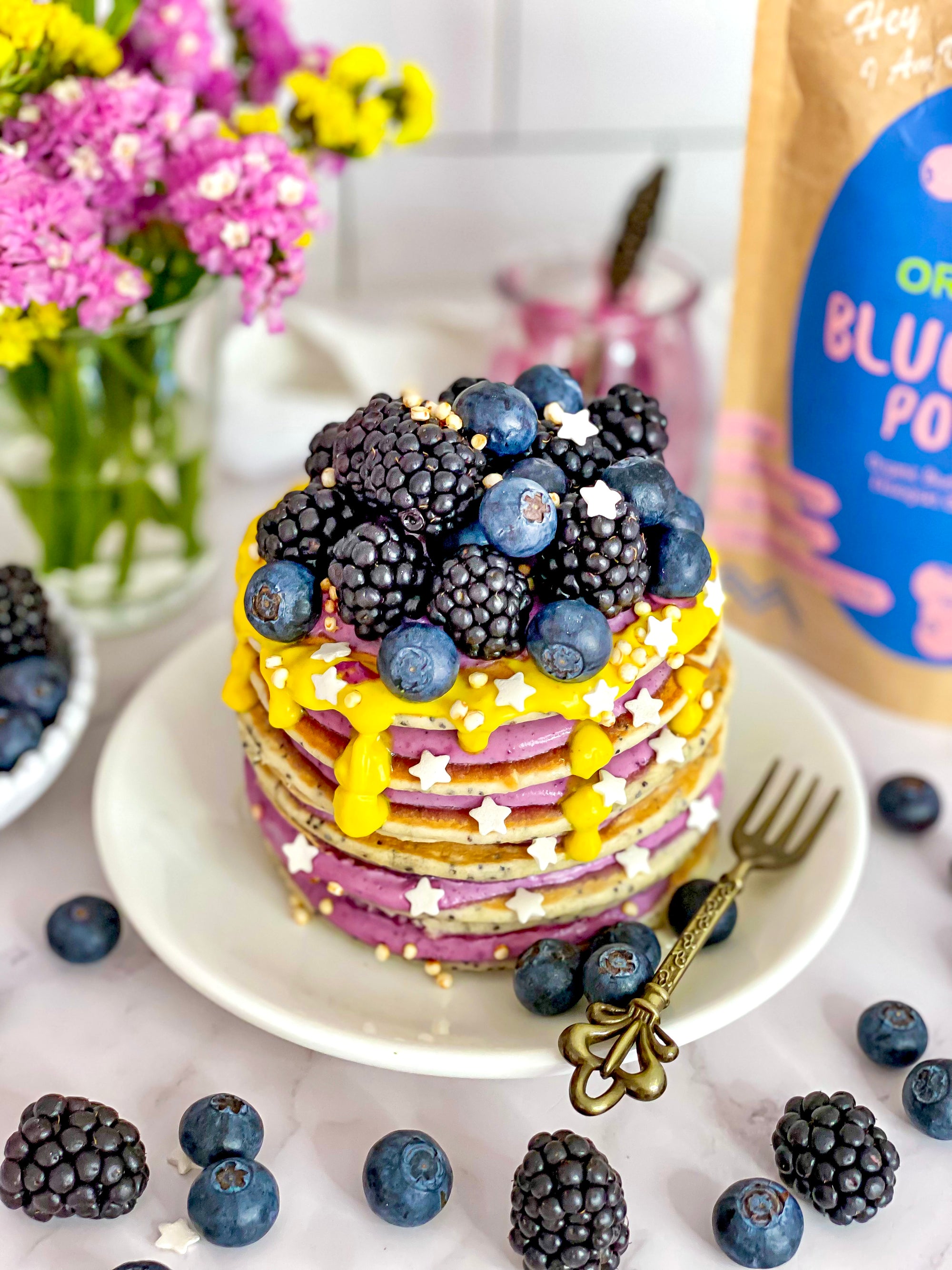 POPPYSEED PANCAKES WITH BLUEBERRY YOGURT