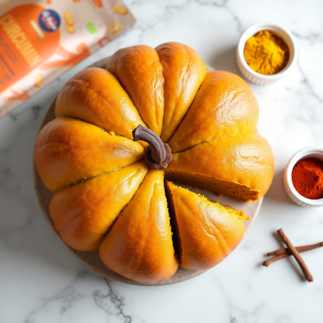 "Homemade pumpkin bread shaped like a pumpkin, made with @theorganiclabs curcumin and beetroot powder, showcasing a vibrant orange color with spices on the side, perfect for healthy fall baking."