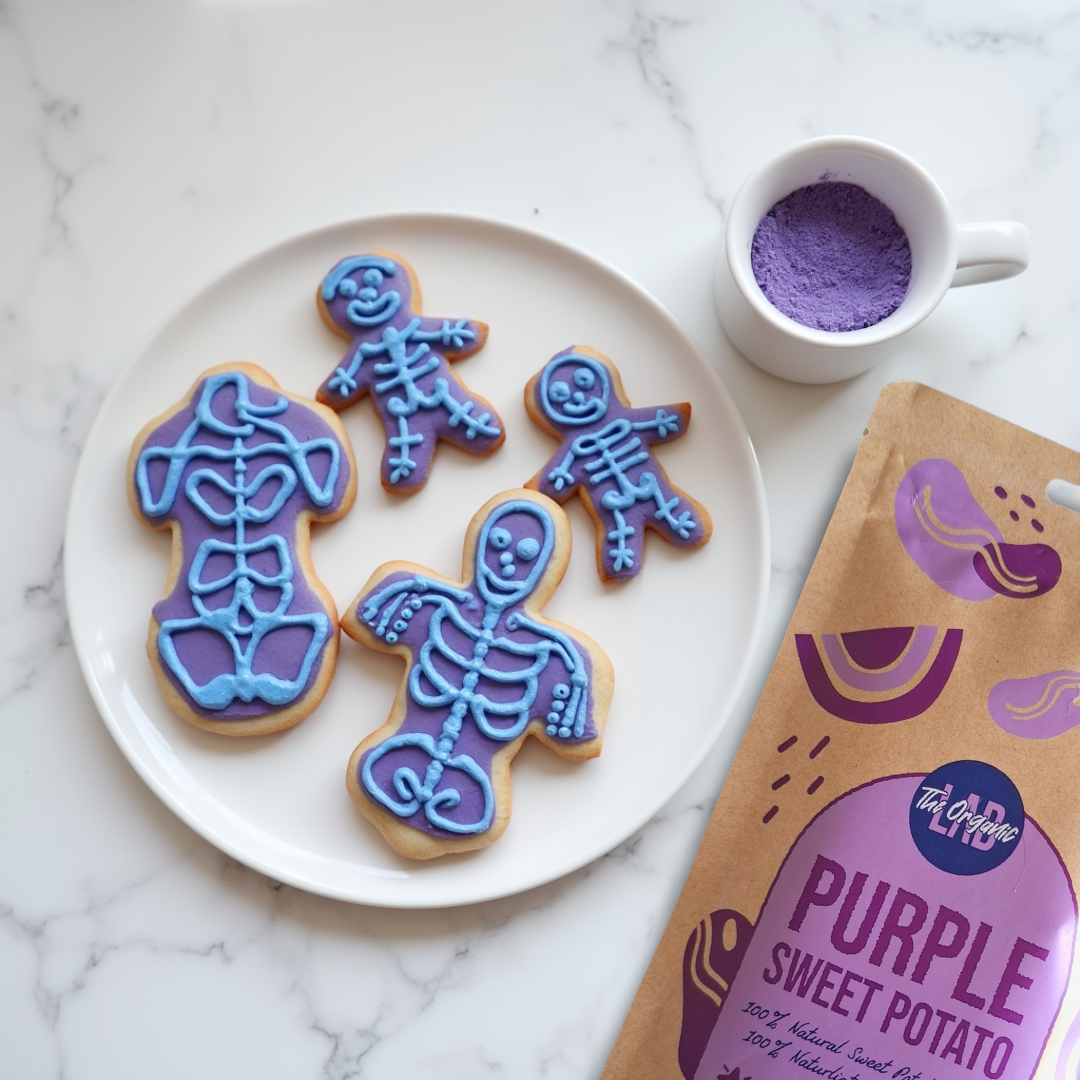 Purple Sweet Potato Skeleton Cookies with Blue Spirulina Frosting