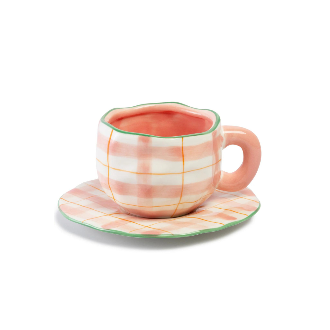 Pastel Plaid Ceramic Cup & Saucer